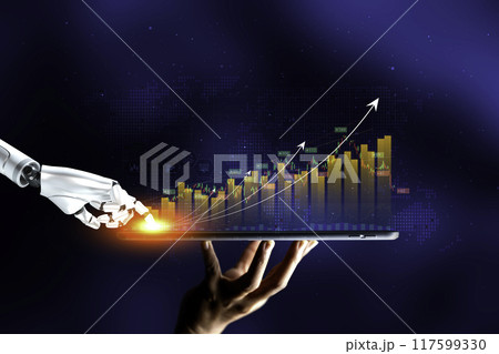 Robot trading concept. Robot hand represents use of artificial intelligence in trading stocks. Business data analyzing growth in the digital. wealth stock investing concept. AI technology essential. 117599330