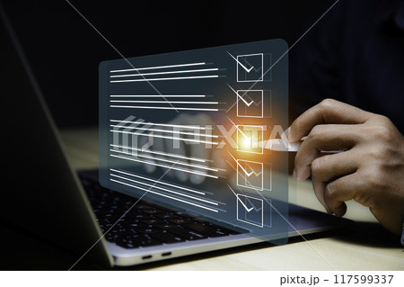 Checklist Online Documentation data Management. Businessman using digital check sheet and checklist mark on document online. productivity checklist and filling survey form online. 117599337