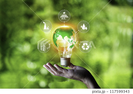 eco green energy consist ,wind, solar, water, biomass, geothermal and natural gas system.Hand holding bulb with world icon. It is surrounded by clean energy icon. Net zero 2050.innovation inspiration 117599343