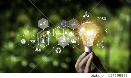 eco green energy consist ,wind, solar, water, biomass, geothermal and natural gas system.Hand holding bulb with world icon. It is surrounded by clean energy icon. Net zero 2050.innovation inspiration 117599351