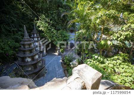 This is a beautiful view of the Marble Mountains, a famous tourist attraction in Vietnam. 117599854