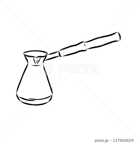 Coffee maker, Turkish coffee maker. Vector black and white graphic illustration, hand-drawn. Coffee maker, Turkish coffee maker. Vector black and white graphic illustration, hand-drawn. 117600029