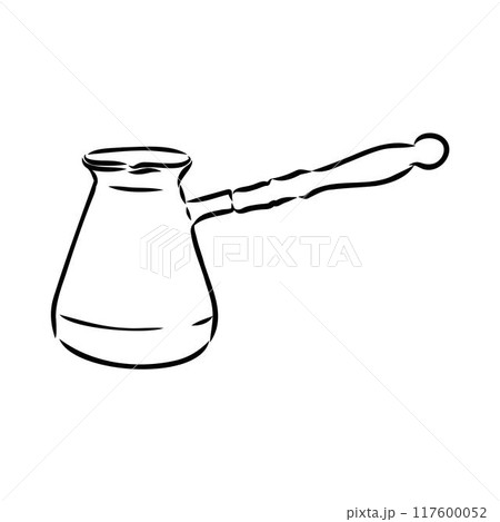 Coffee maker, Turkish coffee maker. Vector black and white graphic illustration, hand-drawn. For printing, menus, postcards and packages. For banners, flyers and posters. 117600052