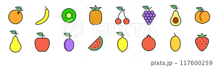 Set of colorful fruit vegan icons orange, banana, kiwi, pineapple, cherry, grape, apple, lemon. Vector illustration. 117600259