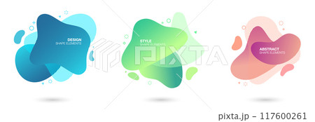 Set of abstract gradient liquid shape amoeba graphic elements. Colored fluid elements for minimal banner, logo. 117600261
