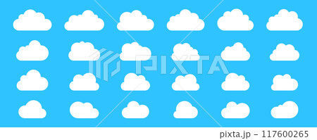 Big set of cloud with flat bottom cloud icons in flat style isolated on blue background. Cloud vector collection. 117600265