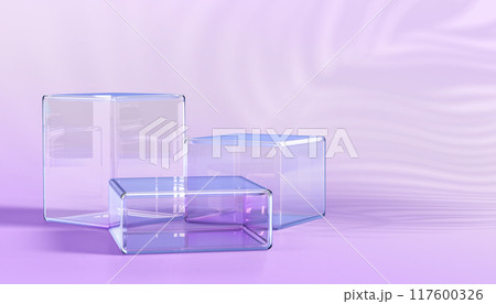 3d glass cube box podium with palm leaf shadow on purple wall background. Crystal holographic square pedestal, clear blue block platform for product display. Studio minimal showcase. 3D illustration 117600326
