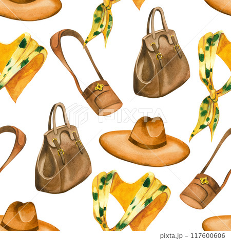 Women's accessories, hat, yellow scarf, bags, all objects are painted by handwriting. Watercolor illustration. Suitable for printing on fabric, paper, scrapbooking. High quality illustration Women's accessories, hat, yellow scarf, bags, all objects are painted by handwriting. Watercolor illustration. Suitable for printing on fabric, paper, scrapbooking. High quality illustration 117600606