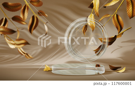 3d autumn glass podium display on light beige background. Fall sale crystal platform with circle frame, orange leaves and shadow for Thanksgiving. Luxury cosmetic product stand mockup. 3D illustration 3d autumn glass podium display on light beige background. Fall sale crystal platform with circle frame, orange leaves and shadow for Thanksgiving. Luxury cosmetic product stand mockup. 3D illustration 117600801