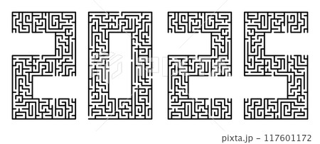 New Year 2025, numbers written in font made from labyrinth lines. Abstract figures of next new year. Maze design element. Simple black and white vector isolated on white background 117601172