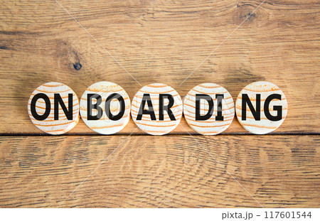 Onboarding success symbol. Concept word Onboarding on wooden circles. Beautiful wooden background. Business onboarding success concept. Copy space. 117601544