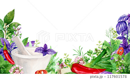 Banner with herbs, white mortar and place for text. Watercolor illustration of kitchen herbs. Bay leaf, rosemary, tarragon, savory, basil, chili pepper, leek, rosemary. Indian spices in rustic style. Banner with herbs, white mortar and place for text. Watercolor illustration of kitchen herbs. Bay leaf, rosemary, tarragon, savory, basil, chili pepper, leek, rosemary. Indian spices in rustic style. 117601578