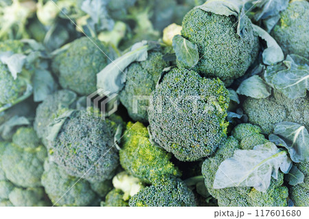 Close-up detail view many fresh green local farmer's broccoli on street market retail counter on sunny day. Local domestic organic plant vegetables at store. Sustainable agriculture Close-up detail view many fresh green local farmer's broccoli on street market retail counter on sunny day. Local domestic organic plant vegetables at store. Sustainable agriculture 117601680