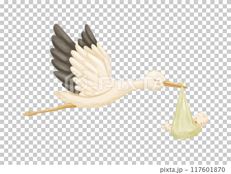 Watercolor stork with baby. Flying bird as symbol for baby shower, pregnancy. Cute hand drawn isolated illustration 117601870