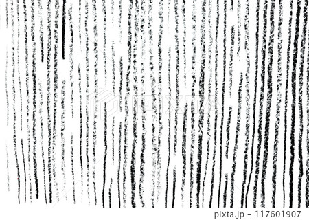 Vertical black lines of varying thickness and rough texture on a white background, forming an abstract and dynamic pattern with a hand-drawn appearance 117601907