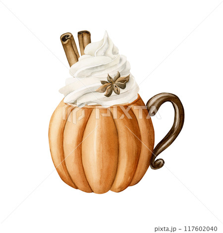 Pumpkin shaped cup of hot drink with whipped cream, cinnamon sticks and anise star. Watercolor food illustration hand painted isolated on white background for fall design, cafe menu, cooking book Pumpkin shaped cup of hot drink with whipped cream, cinnamon sticks and anise star. Watercolor food illustration hand painted isolated on white background for fall design, cafe menu, cooking book 117602040
