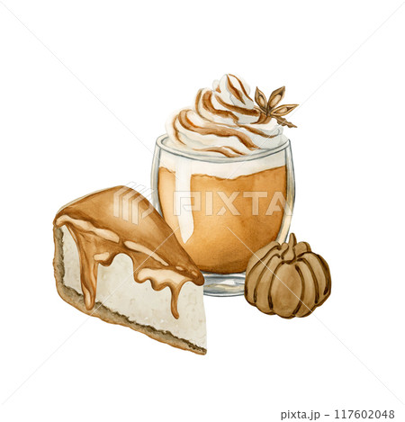 Pumpkin Spice Latte Coffee with whipped cream and anise star, Classic New York Cheesecake slice with caramel and cookie. Watercolor isolated food illustration for cookbook, cafe menu, table textile 117602048