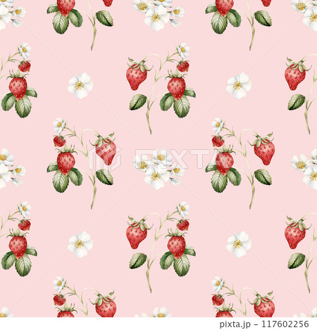 Strawberry, ripe berries with flowers and leaves. Watercolor illustration, floral seamless pattern on peach pink background with summer fruit for table textile, summer fabrics, wrapping, food packages Strawberry, ripe berries with flowers and leaves. Watercolor illustration, floral seamless pattern on peach pink background with summer fruit for table textile, summer fabrics, wrapping, food packages 117602256