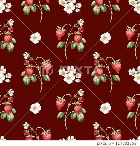 Strawberry, ripe berries with flowers and leaves. Watercolor illustration, floral seamless pattern on burgundy background with summer fruit for table textile, summer fabrics, wrapping and food package 117602258