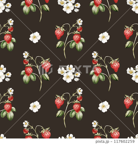 Strawberry, ripe berries with flowers and leaves. Watercolor illustration, floral seamless pattern on dark background with summer fruit for table textile, summer fabrics, wrapping and food packages 117602259