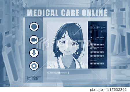 Cartoon image of a female doctor providing medical consultation via an online. 117602261