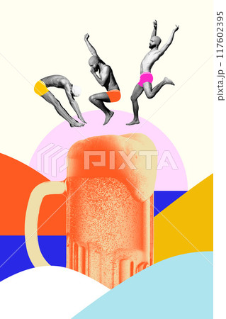 Poster. Contemporary art collage. Summer fun. Swimmers in colorful trunks leap towards foamy mug, against backdrop of vibrant, abstract sea. Poster. Contemporary art collage. Summer fun. Swimmers in colorful trunks leap towards foamy mug, against backdrop of vibrant, abstract sea. 117602395