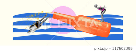 Banner. Contemporary art collage. swimmer gracefully dives off vibrant orange bottle, and dives to sea waves, while another preparing to swim. Banner. Contemporary art collage. swimmer gracefully dives off vibrant orange bottle, and dives to sea waves, while another preparing to swim. 117602399