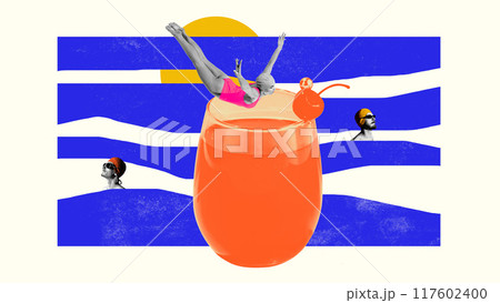 Poster. Contemporary art collage. Vibrant diver in pink soars into vivid orange drink, while two swimmers float in background waves. Poster. Contemporary art collage. Vibrant diver in pink soars into vivid orange drink, while two swimmers float in background waves. 117602400