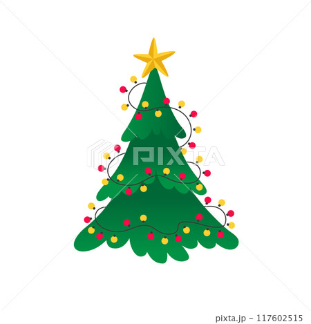Christmas tree decorated with garland and star. Modern colorful cartoon style illustration. Christmas tree decorated with garland and star. Modern colorful cartoon style illustration. 117602515
