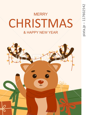 Merry Christmas and happy new year greeting card with reindeer and gifts. Flat vector illustration Merry Christmas and happy new year greeting card with reindeer and gifts. Flat vector illustration 117602542