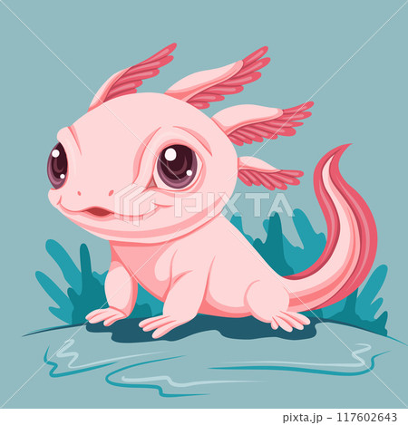 Vector illustration of cute pink axolotl in cartoon style. Postcard with cute amphibian 117602643