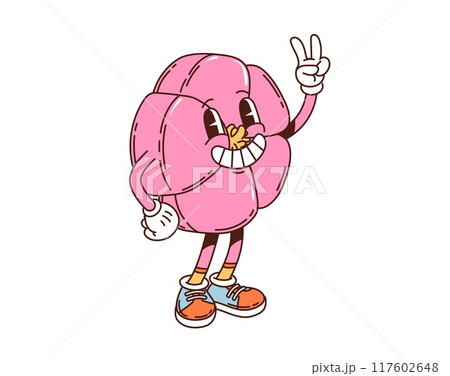 Cartoon groovy japanese namagashi dessert character. Vibrant pink pastry with a cheerful smile, expressive face and peace sign, embodying the lively and essence of traditional japanese sweets 117602648