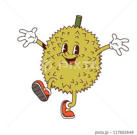 Cartoon groovy durian fruit character. Cheerful, tropical, ripe and healthy fruity personage with expressive eyes and sneakers is smiling, jumping and waving hands, showcasing friendly positive vibes 117602649