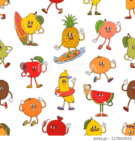 Groovy tropical fruit characters seamless pattern. Vector tile background with playful pineapple, banana, apple and pear, peach, watermelon, orange, lemon. Pomegranate, kiwi, grapefruit fun activities 117602653