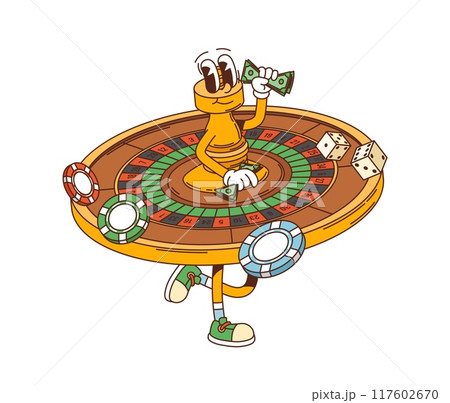 Retro groovy casino roulette character holding money, conveying a winning casino theme with colorful poker chips and dice. Isolated cartoon vector gambling game personage with a vintage nostalgic vibe Retro groovy casino roulette character holding money, conveying a winning casino theme with colorful poker chips and dice. Isolated cartoon vector gambling game personage with a vintage nostalgic vibe 117602670