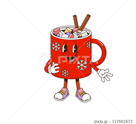 Retro groovy Christmas coffee character with marshmallows. Isolated cartoon vector festive coffee mug, decorated with snowflakes and cinnamon sticks. Red porcelain cup with happy face and sneakers 117602672