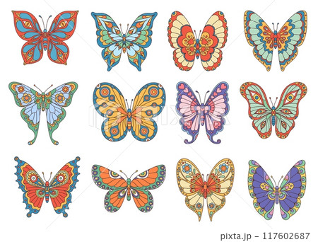 Groovy butterflies with ornament wings in 70s hippie art, vector decoration. Groovy butterfly in retro cartoon design, monarch or machaon moth with funky colorful floral pattern ornament on wings Groovy butterflies with ornament wings in 70s hippie art, vector decoration. Groovy butterfly in retro cartoon design, monarch or machaon moth with funky colorful floral pattern ornament on wings 117602687