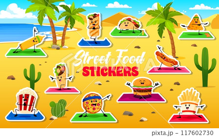 Stickers of funny cartoon fast food characters. Hot dog, taco, pizza, popcorn and burger, french fries, burrito, mustard bottle and nachos enjoying activities on sunny beach with palm trees and cacti Stickers of funny cartoon fast food characters. Hot dog, taco, pizza, popcorn and burger, french fries, burrito, mustard bottle and nachos enjoying activities on sunny beach with palm trees and cacti 117602730