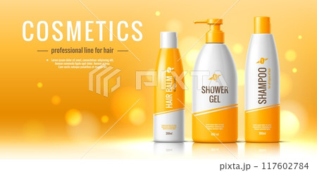 Cosmetic product template. Hair balm, shampoo and shower gel bottles package. realistic 3d vector cosmetics container mockups on bright orange background with bokeh effect. Skin care professional line 117602784