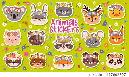 Cute animal stickers with flower crowns. Koala, rabbit, cat and deer, chick or pig. Bear raccoon, mouse and fox, puppy, sloth, panda or squirrel with hedgehog. Cartoon vector pets with floral wreaths 117602797
