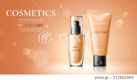 Women cosmetic product template with concealer tube and skin toner bottle package, vector ad poster. Women skincare bottles mockups of skin toner and face imperfection concealer with matte effect Women cosmetic product template with concealer tube and skin toner bottle package, vector ad poster. Women skincare bottles mockups of skin toner and face imperfection concealer with matte effect 117602804