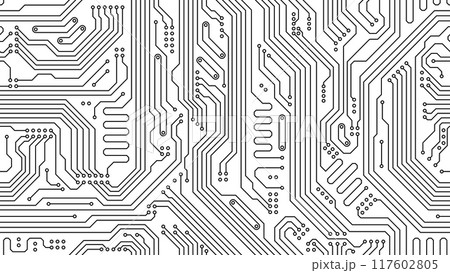 Motherboard pattern of computer circuit board, vector seamless background. Motherboard or circuit board pattern of microchip or PC computer chip technology and chipset processor circuit lines 117602805