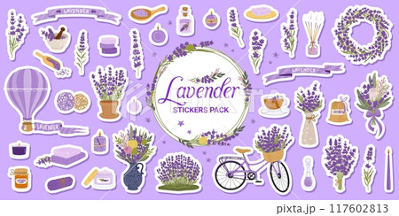 Lavender cosmetics and flowers sticker pack features charming lavender-themed patches, including bouquets, pot, vase, wreath, hot air balloon and products like hy, soap and oil, candles, tea, cream 117602813