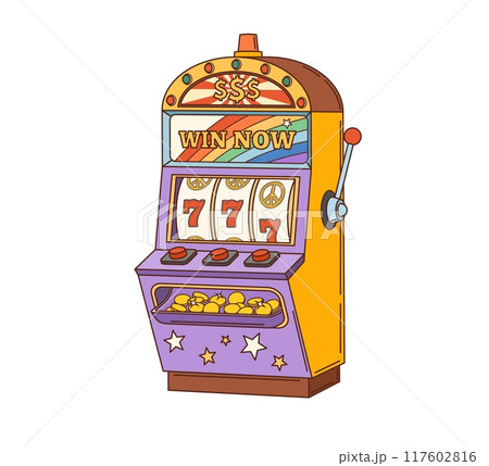 Retro cartoon casino slot machine. Isolated vector one armed bandit features a winning combination of three lucky sevens on screen. Vegas gambling game equipment, casino and vintage gaming attraction Retro cartoon casino slot machine. Isolated vector one armed bandit features a winning combination of three lucky sevens on screen. Vegas gambling game equipment, casino and vintage gaming attraction 117602816