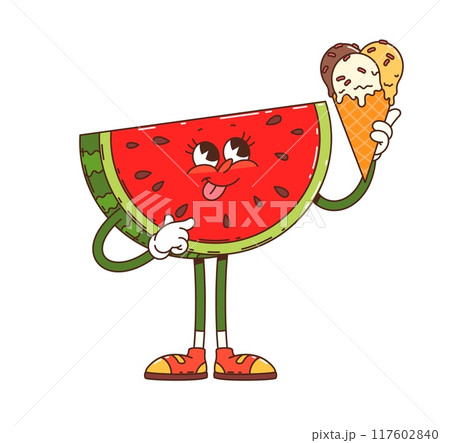 Cartoon groovy watermelon fruit character. Isolated vector cheerful watermelon slice personage holding an ice cream cone with scoops, has a happy expression, and exudes a fun and playful summer vibe 117602840