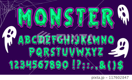 Halloween scary font, monster type, zombie typeface, spooky Helloween alphabet vector typography set. Vector green slime letters and numbers font with Halloween holiday horror ghost characters Halloween scary font, monster type, zombie typeface, spooky Helloween alphabet vector typography set. Vector green slime letters and numbers font with Halloween holiday horror ghost characters 117602847