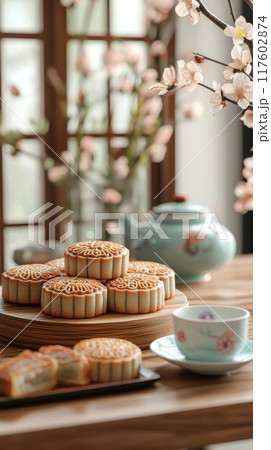Mooncakes on a wooden tray, blooming flowers, and a teapot. Mid-Autumn festival, vertical banner 117602874