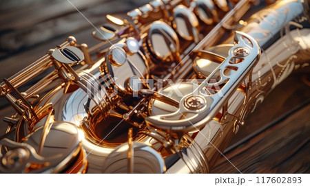 Close-up of a shiny saxophone with intricate details on smooth wooden surface. Jazz music instrument 117602893