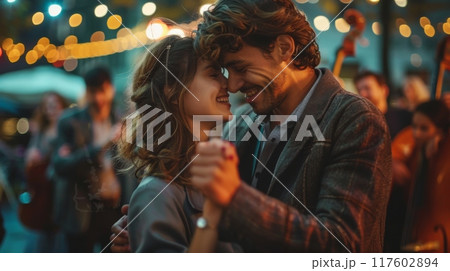 A happy couple dancing closely at an outdoor event under string lights. Romantic scene, love, party 117602894