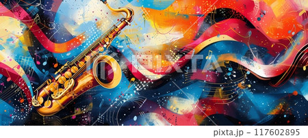 Abstract illustration of a saxophone and flowing musical notes, jazz music. Wide banner, copy space 117602895